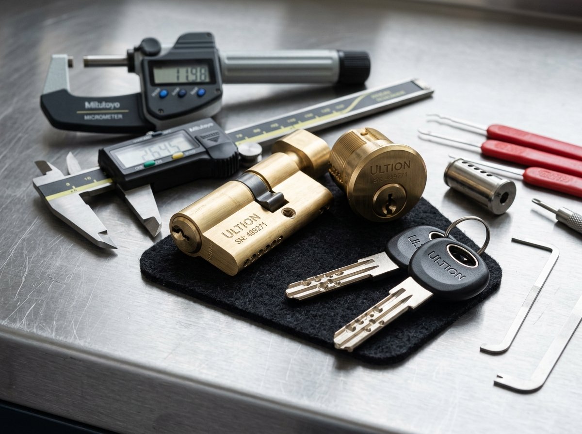 Cilindros de alta seguridad antibumping y antitaladro desarmados en mesa de trabajo